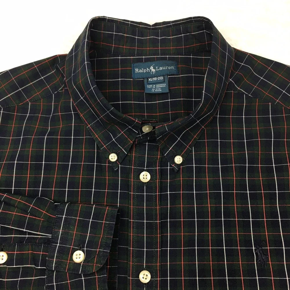 Ralph Lauren Shirt Boys XL (18-20) Navy Blue/Hunter Green Check Long Sleeves